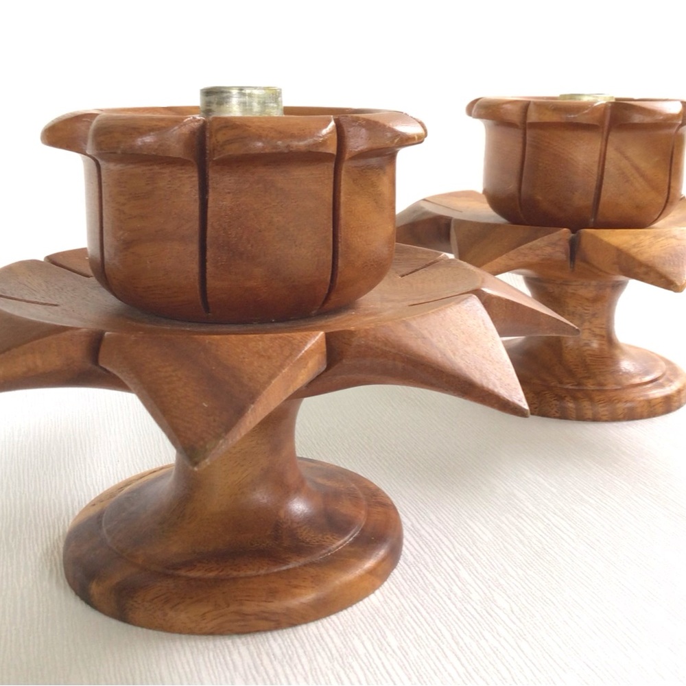 Vintage Mid Century Monkey Pod Candle Sticks
